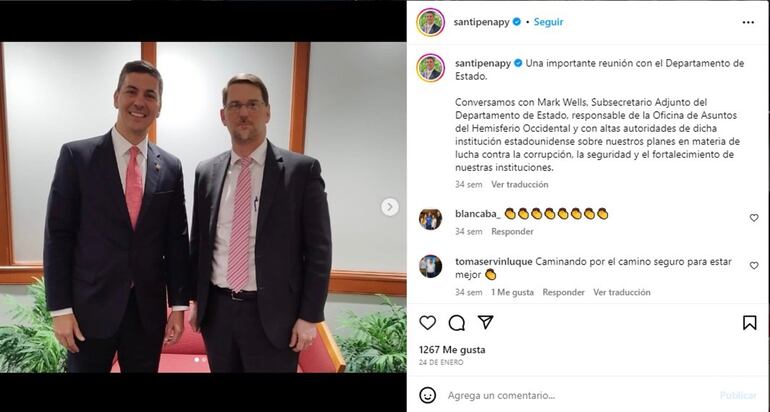 La publicación realizada por Santiago Peña en sus redes sociales el 24 de enero de 2023 de su reunión con el subsecretario del Departamento de Estado de EE.UU., Mark Wells.