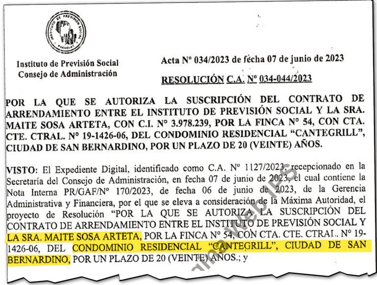 Resolución por la cual se autorizó  la suscripción del contrato de arrendamiento con Maité Sosa.