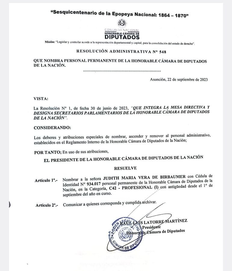 Luego de perder las elecciones municipales, Latorre volvió a recontratar a Judith Vera en setiembre de 2023.