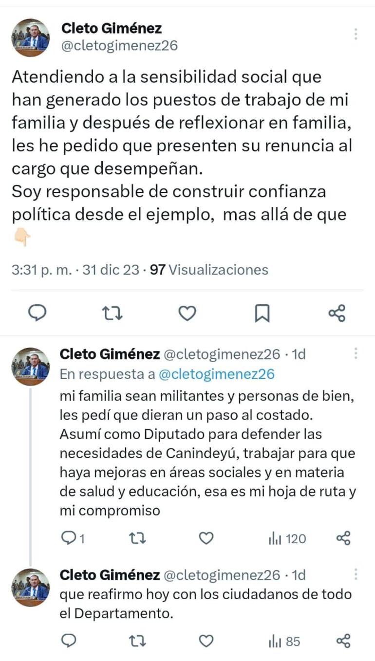 Posteo del diputado Cleto Giménez, anunciando que pidió la renuncia de sus hijas.