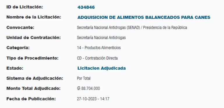 Llamado y monto de la adjudicación de la Senad que aparece en la DNCP. El contrato  se firmó en octubre  con  la actual administración.