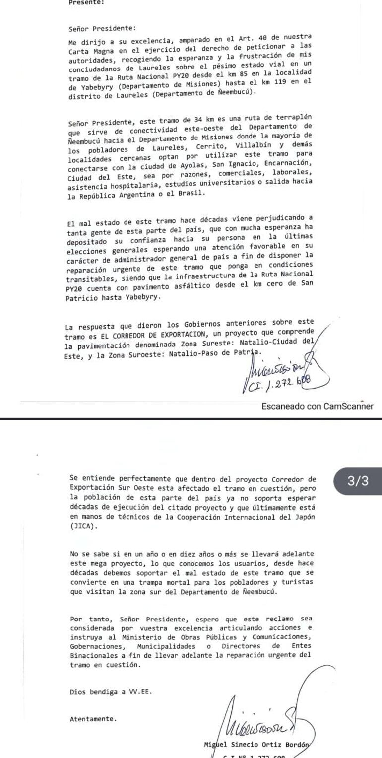 Copia de la carta enviada por un  poblador de Laureles (Ñeembucú) Miguel Ortíz Bordón al Presidente de la República santiago Peña, en el que le exige la reparación de manera urgente 34 km de caminos de terraplén.