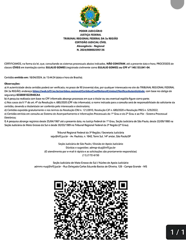 Documentos presentados del abogado de la familia de Eulalio Gomes para afirmar que el parlamentario no tenía antecedentes en Brasil.