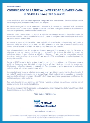 Comunicado de la Universidad Sudamericana.