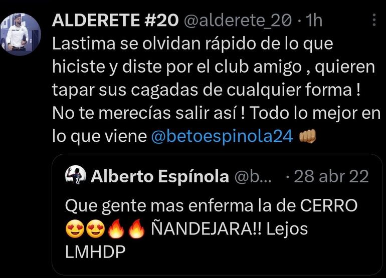 La publicación de Omar Alderete apoyando a Alberto Espínola y criticando a la dirigencia de Cerro Porteño.