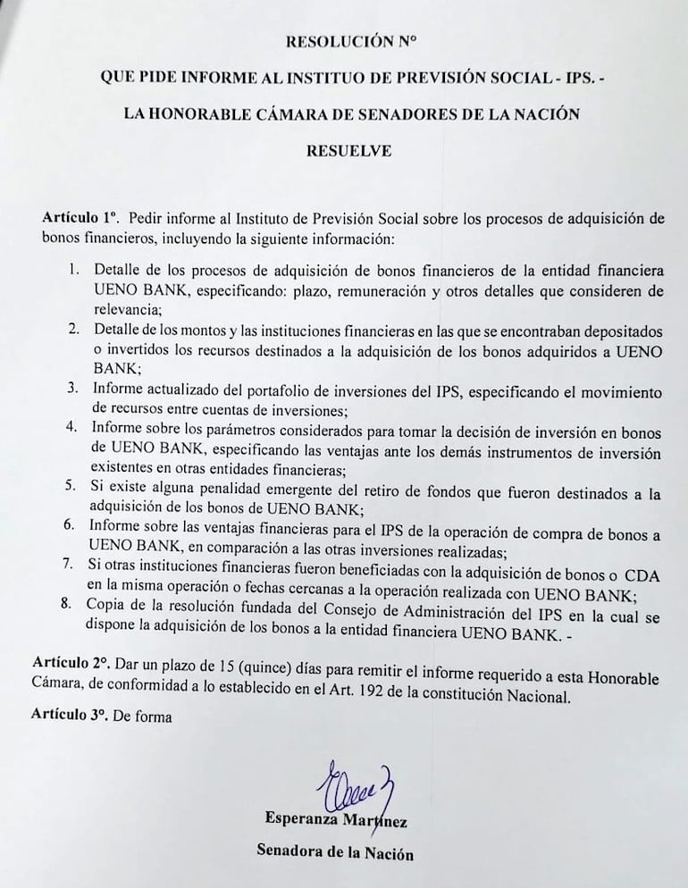 Los detalles que solicitó la senadora Esperanza Martínez.