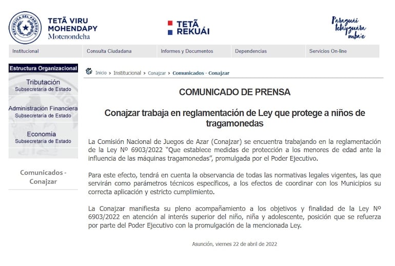 El único y último comunicado de Conazjar referente a la ley de tragamonedas. A tres meses de su promulgación, no se fijo una fecha para audiencia pública.