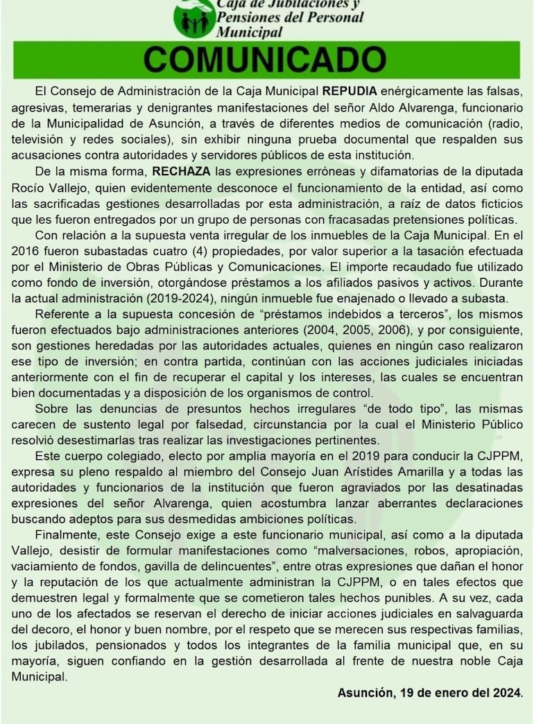 Comunicado de la Caja de Jubilaciones y Pensiones del Personal Municipal.