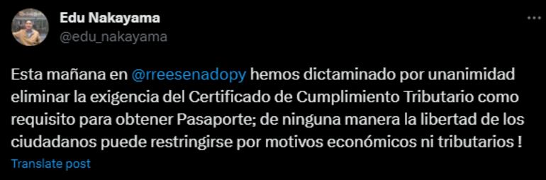 Escrito del senador Eduardo Nakayama expresando su apoyo a la eliminación la exigencia tributaria para obtener pasaporte.