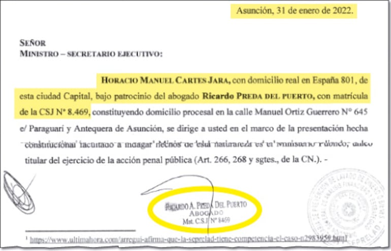 Encabezado de la nota que presentó Ricardo Preda en representación de Horacio Cartes contra la investigación de la Seprelad.