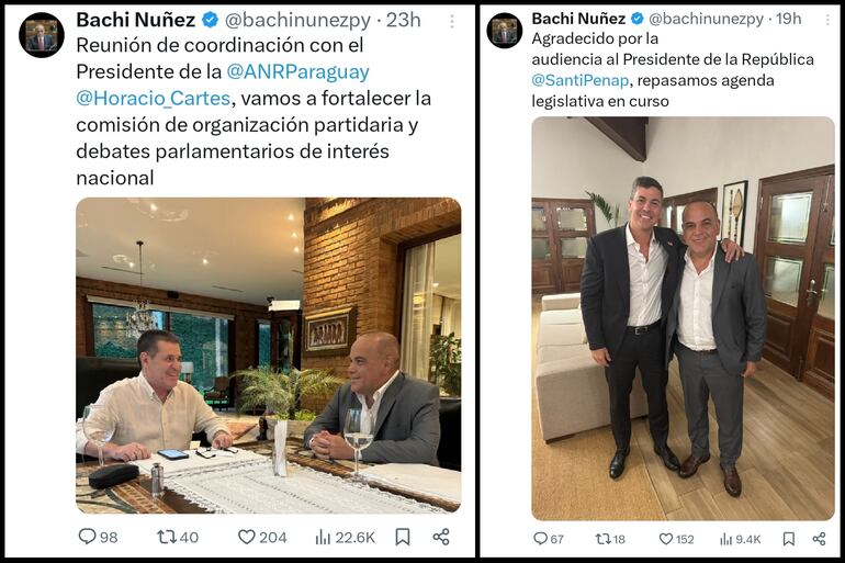 El senador Basilio "Bachi" Núñez (ANR, HC) se reunió ayer con Horacio Cartes y el presidente Santiago Peña.