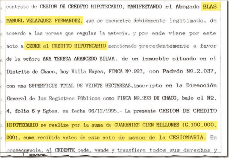 Acuerdo por el cual el exsíndico de Quiebras  cedió el 25 de setiembre de 2020 por G. 100 millones el crédito hipotecario a Ana Arancedo Silva.