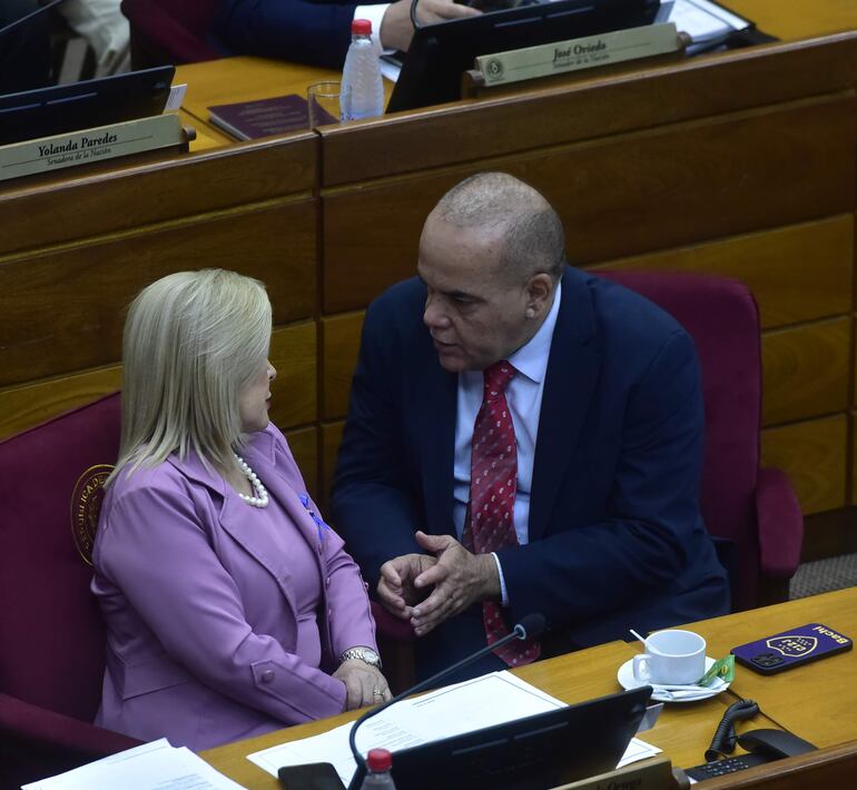 Basilio Núñez (ANR, HC) dialoga con la senadora Hermelinda Alvarenga (PLRA), propietaria de una universidad y una de las proyectistas. 