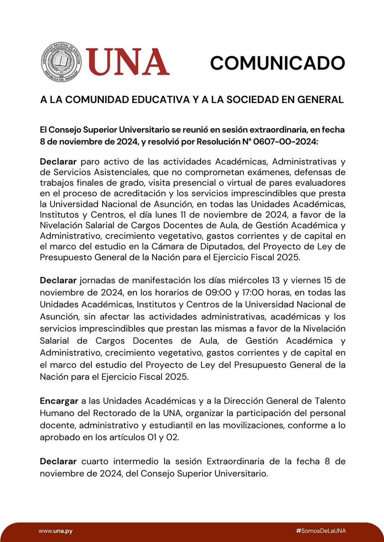 Comunicado del Consejo Superior Universitario, anunciando paro activo y manifestaciones para la próxima semana.