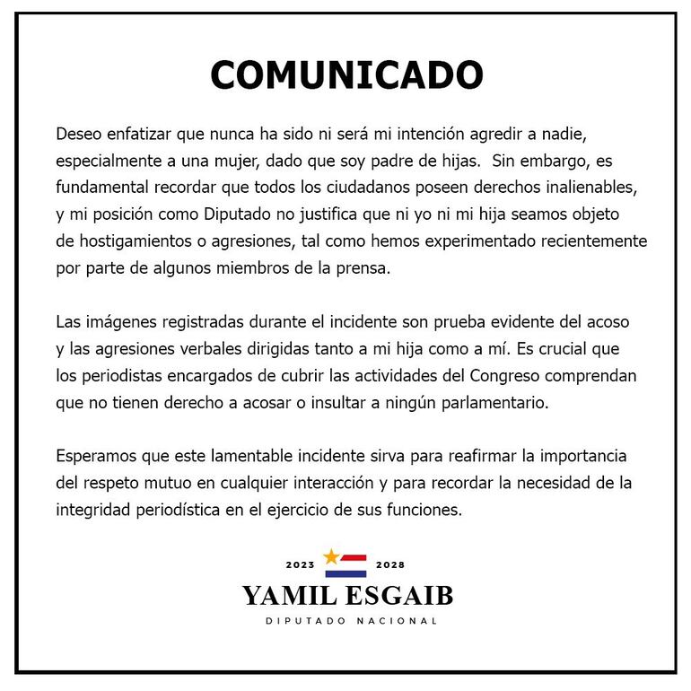 Comunicado del diputado Yamil Esgaib, tras agredir a periodistas.