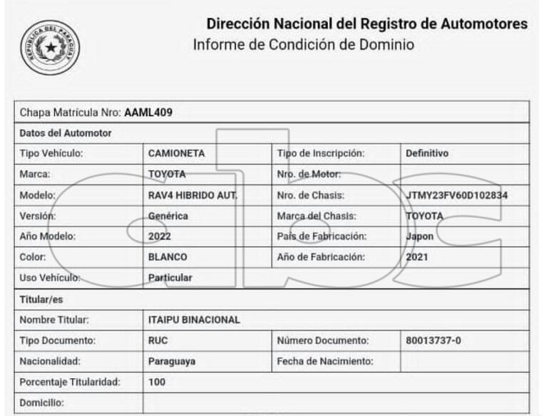 Informe de la Dirección Nacional de Registro revela que la Itaipú es propiedad de la camioneta.