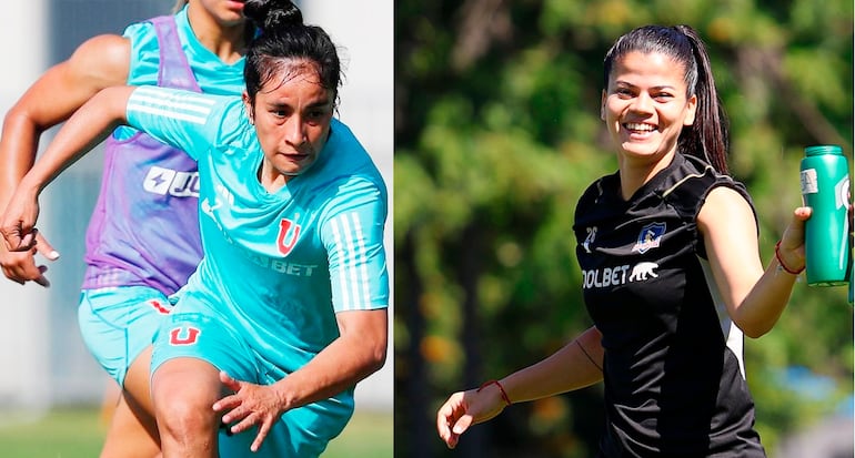 Rebeca Fernández (i) y Dahiana Bogarín, de Universidad de Chile y  Colo Colo, los dos clubes más populares de Chile.