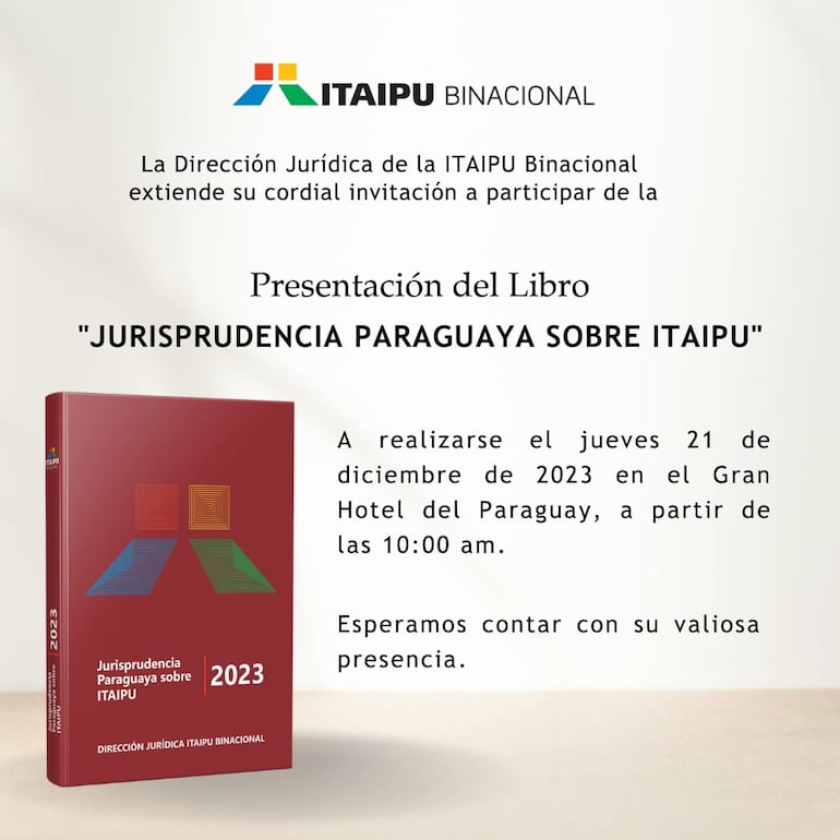 Invitación al lanzamiento del libo de Magnolia Mendoza, directora Jurídica de la Itaipú.