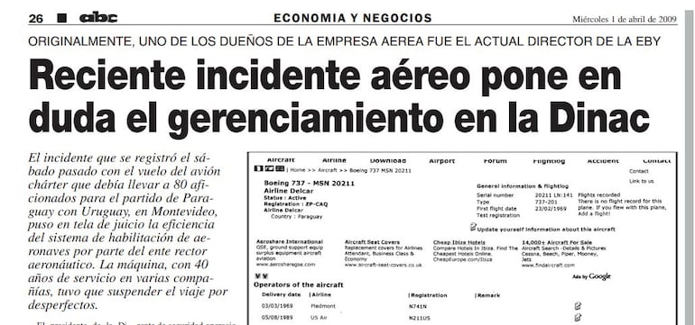 Publicación de nuestro diario en la cual se relataba el incidente sobre la aeronave y los posibles motivos del percance.