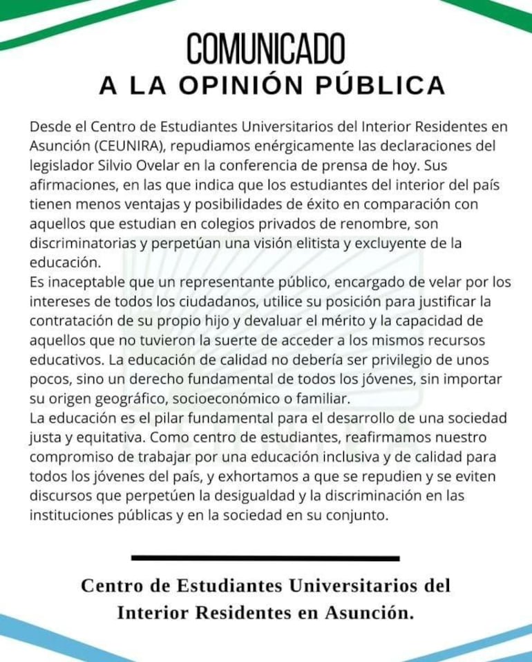 Comunicado de estudiantes del interior del país residentes en Asunción.