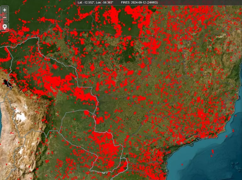 Incendios forestales activos en Sudamérica captados en tiempo real por la agencia NOAA. (captura de pantalla)