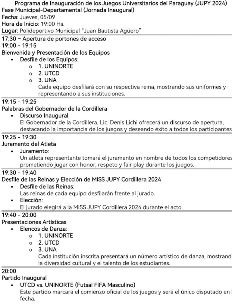 Programación de la inauguración de los Juegos Universitarios del Paraguay - JUPY 2024 en Caacupé