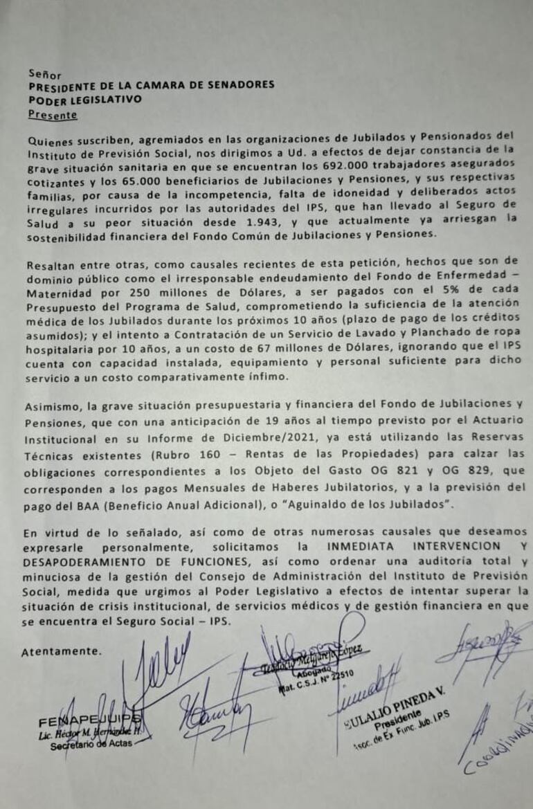 Documento que será presentado el martes por los jubilados y pensionados ante la Cámara de Senadores.