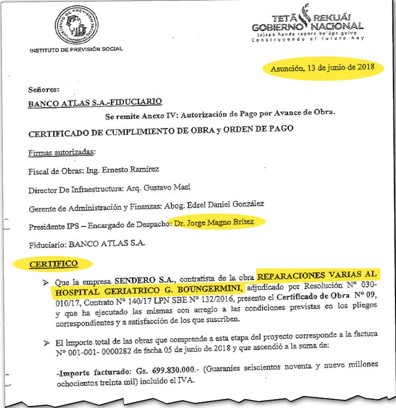 Uno de los certificados de obra firmado por el actual presidente del IPS, Jorge Britez.