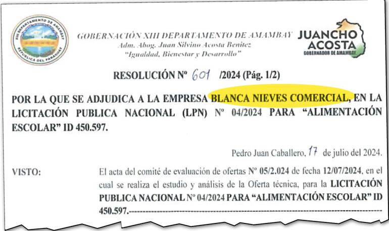 Resolución  de la Gobernación de Amambay en la cual se adjudica la provisión de alimentación escolar a Comercial Blanca Nieves.