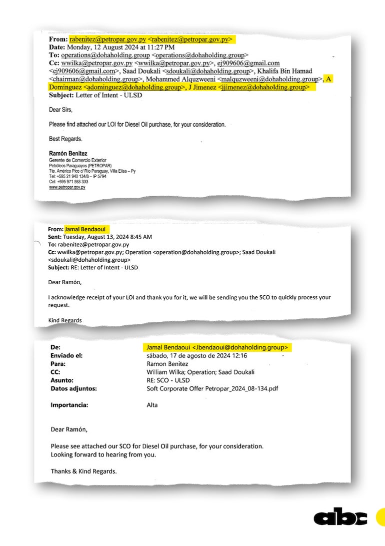 Los correos intercambiados entre Petropar y Doha Holding en agosto de este año, un mes antes de la adjudicación.