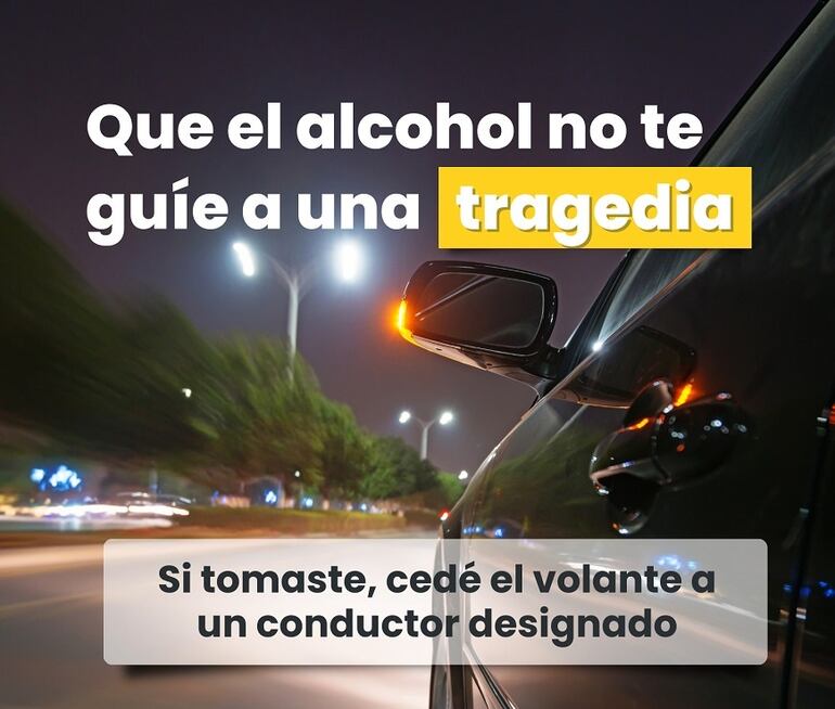 Mensaje del Ministerio de Salud para evitar el consumo de bebidas alcohólicas al momento de conducir.