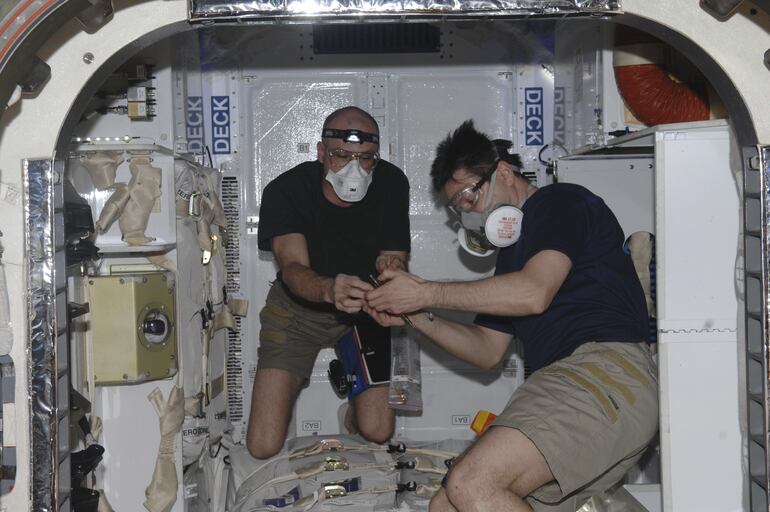 Imagen distribuida por la agencia espacial rusa Roscosmos, que muestra al astronauta de la NASA Donald Pettit (i) y al cosmonauta Oleg Kononenko trabajando en el interior del carguero estadounidense Dragon durante su misión a la Estación Espacial Internacional (EEI). Imagen ilustrativa.