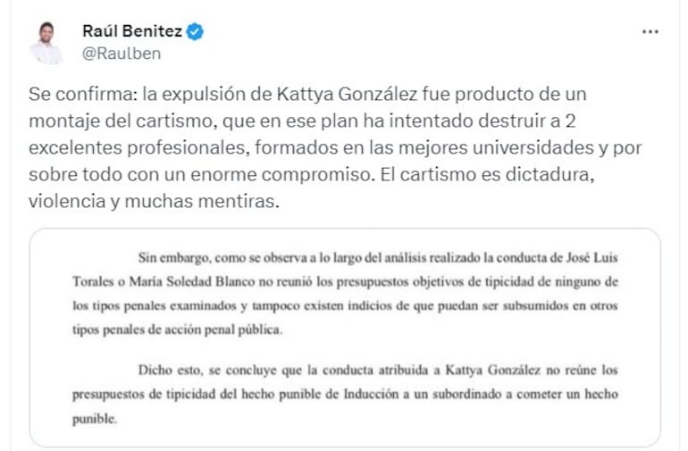 Tuit del diputado Raúl Benítez sobre la desestimación de la denuncia contra exasesores de Kattya González.