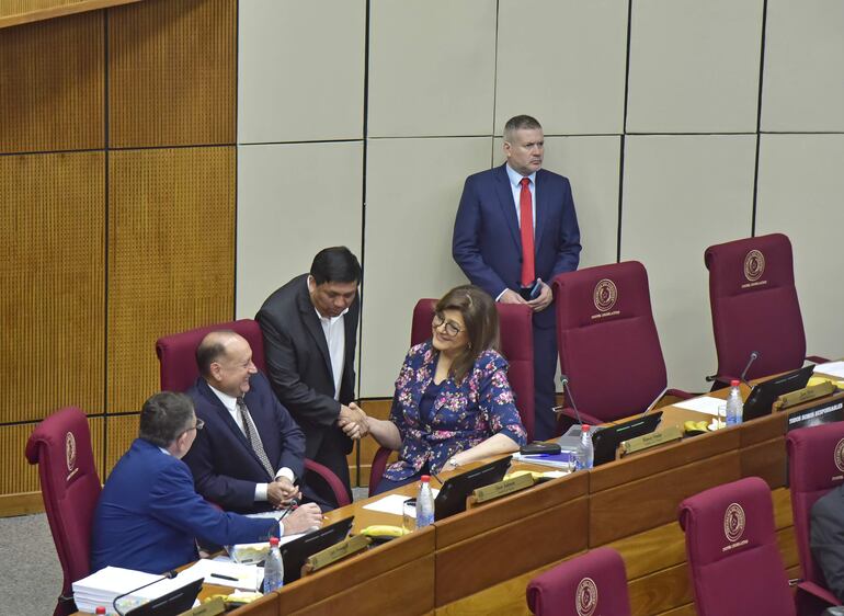 El senador liberal Sergio Rojas saluda a Blanca Ovelar, Salomón y Pettengill.