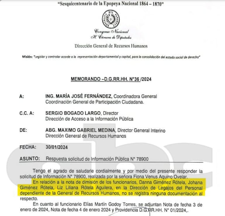 Primera respuesta de Diputados diciendo que obraba renuncia de familiares de Cleto Giménez.