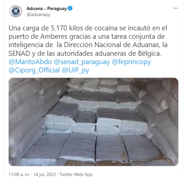 Aduanas Paraguay alertó a Bélgica sobre la carga de cocaína enviada a Países Bajos.