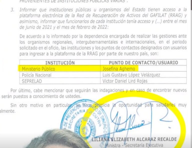 Informe de Liliana Alcaraz donde dice que el punto de contacto de la Fiscalía con RRAG era Josefina Aghemo.