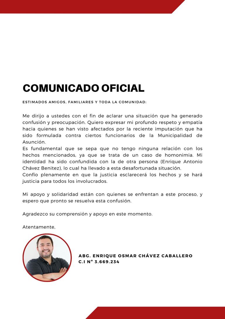 El comunicado del abogado Enrique Osmar Chávez Caballero, en relación al caso "detergentes de oro".