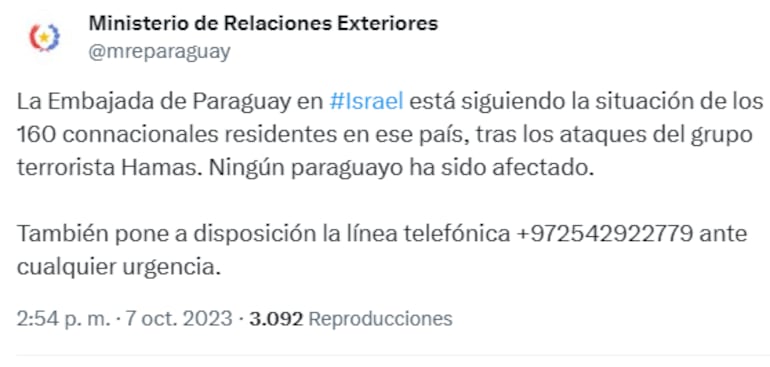 Tuit de Cancillería Nacional que confirma que ningún paraguayo sufrió el ataque de Hamas.