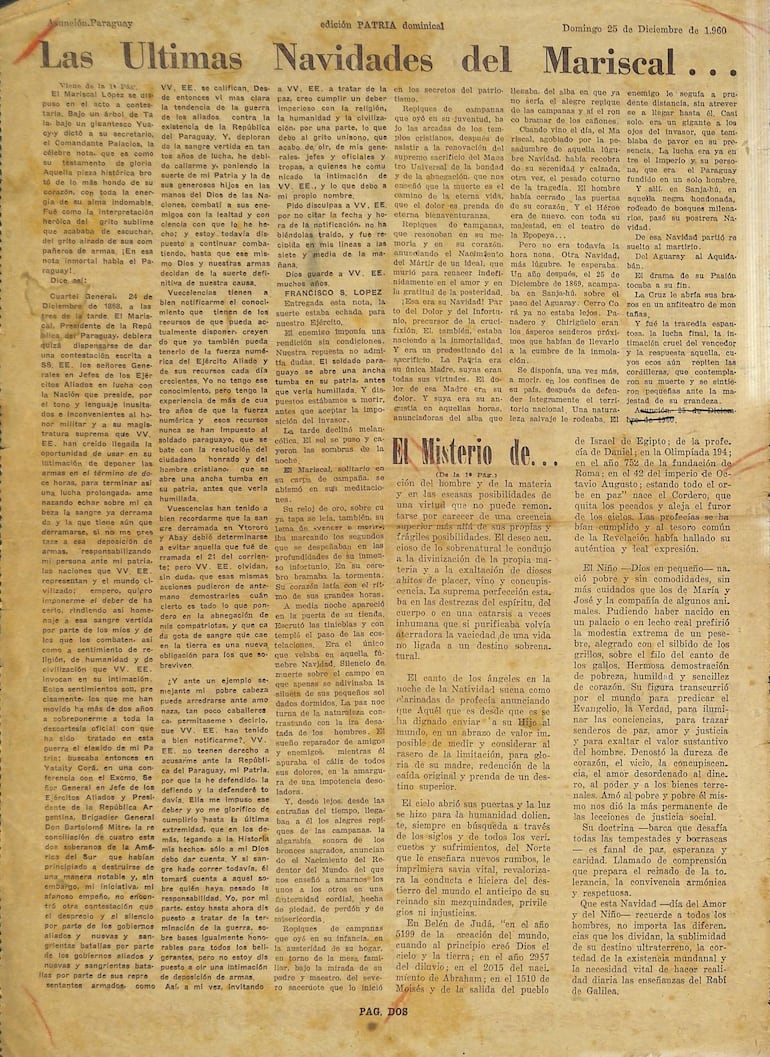 «Las Últimas Navidades del Mariscal López», Diario Patria, 25 de diciembre de 1960.