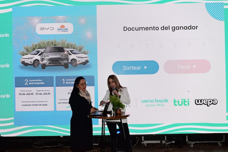 Ana Gaona y Belén Bogado durante el primer sorteo de tuti, realizado el sábado pasado, en la Expo de MRA.