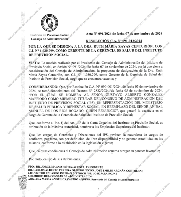 Resolución de nombramiento de la doctora Ruth Zayas como gerente de Salud del IPS, en reemplazo del doctor Gustavo González.