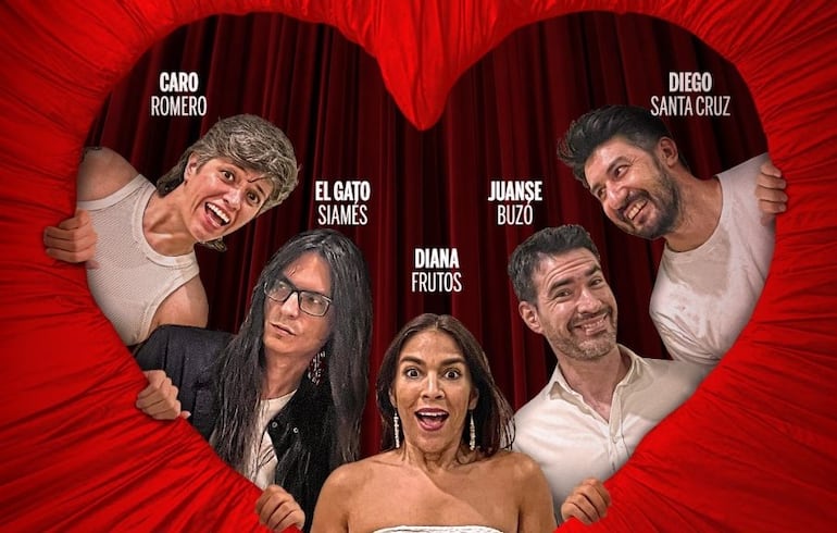 Caro Romero, El Gato Siamés, Diana Frutos, Juanse Buzó y Diego Santa Cruz estarán en el escenario del Teatro Municipal con el especial de stand up del Día de los Enamorados.