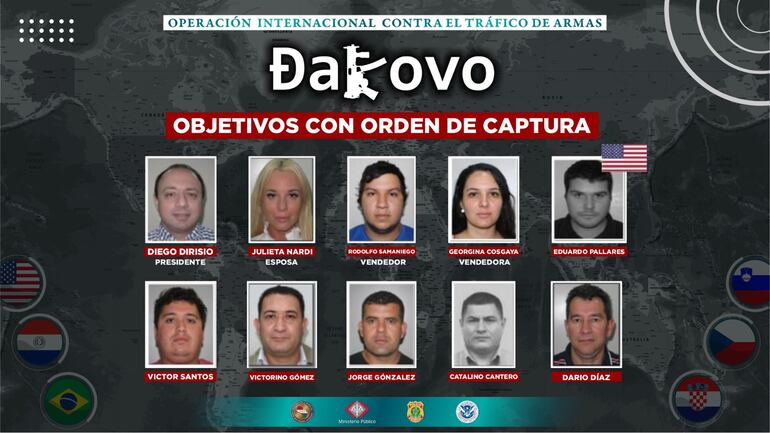 Afiche de la Senad con las fotos de los 10 objetivos que quedan prófugos, en el marco de la operación Dakovo que se ejecutó el martes en Paraguay.