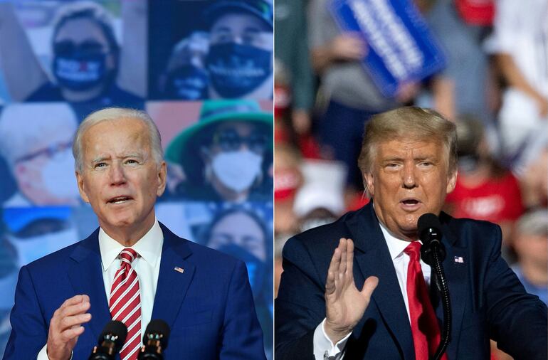 El presidente de Estados Unidos, Donald Trump (d, republicano) y el contendiente Joe Biden (i, demócrata) disputan una elección que se presentaba anoche, en el avance del conteo de los votos, como una de las más reñidas en la historia de ese país.