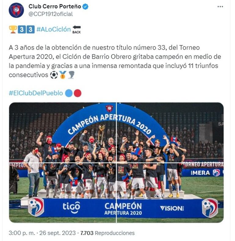 El posteo de Cerro Porteño por el título 33.