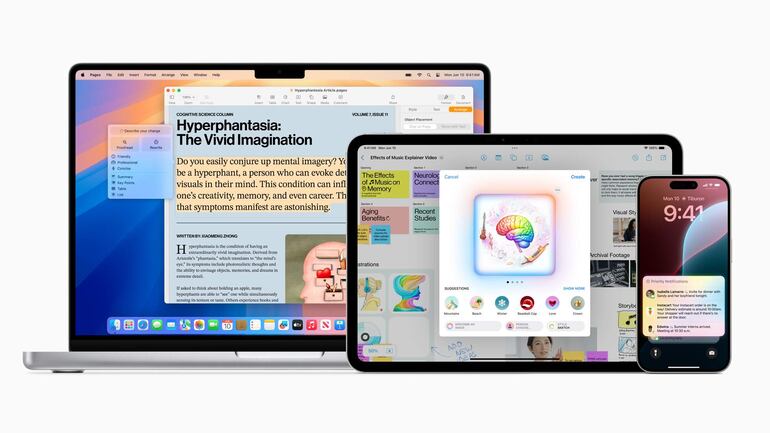 Un Mac, un iPad y un iPhone con el Apple Intelligence, el sistema de inteligencia personal que combina el poder de los modelos generativos con el contexto personal para brindar inteligencia útil y relevante para el usuario.