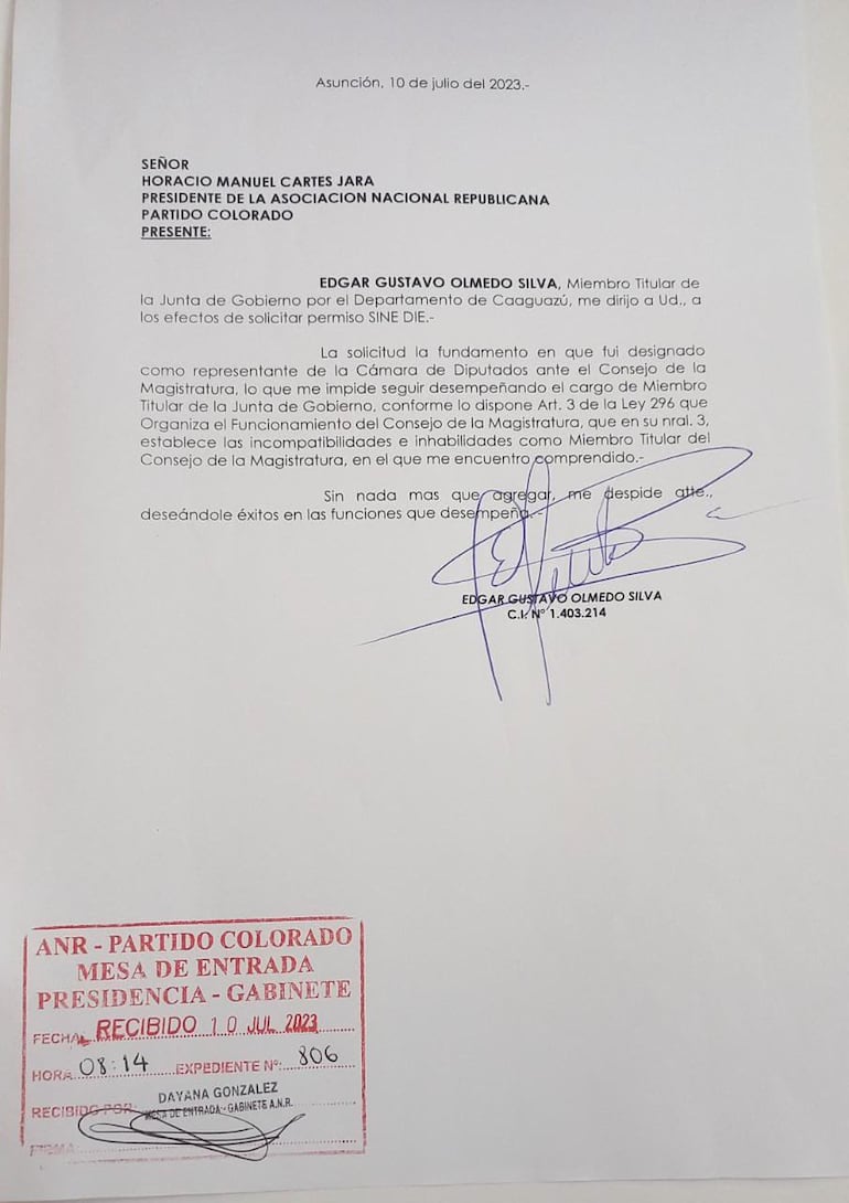 Nota presentada por el diputado Edgar Olmedo a Horacio Cartes.