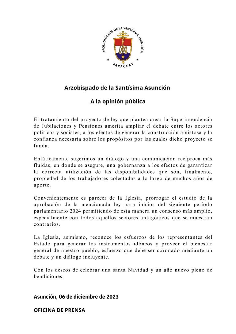 Comunicado del Arzobispado sobre ley de Superintendencia de Pensiones y Jubilaciones.