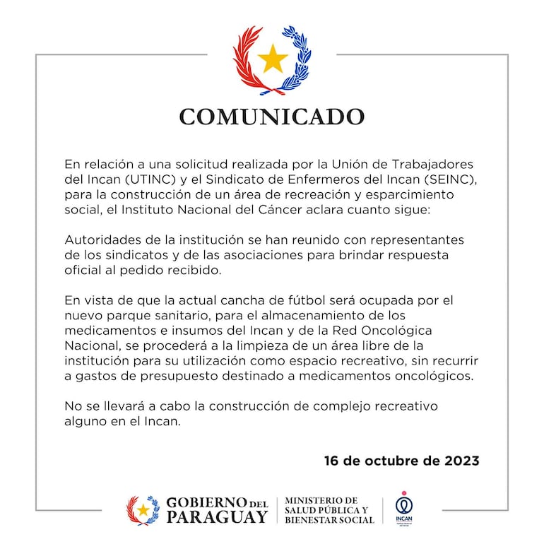 Comunicado emitido por el Incan en la noche del 16 de octubre del 2023.